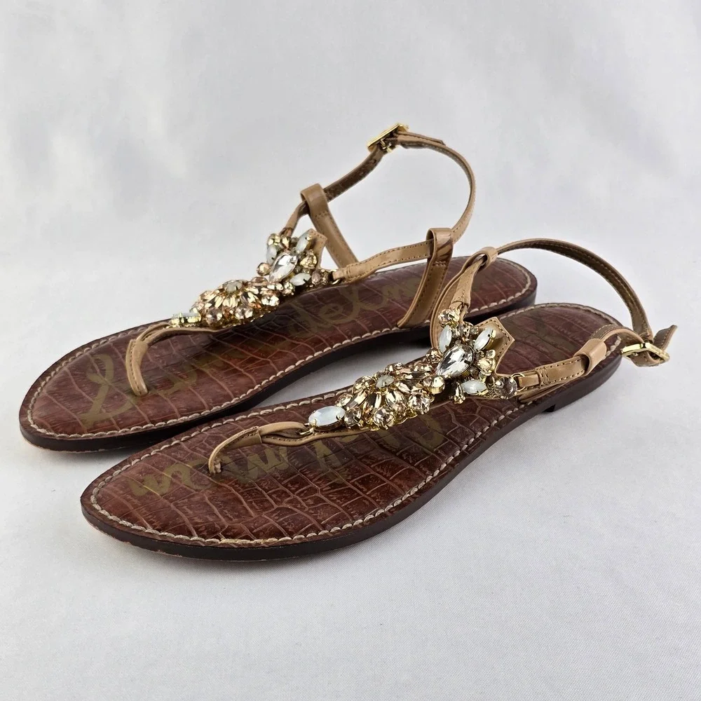 Sam Edelman Grayson Cognac Croc Crystal Embellished Thong Sandals 8M - Picture 3 of 16